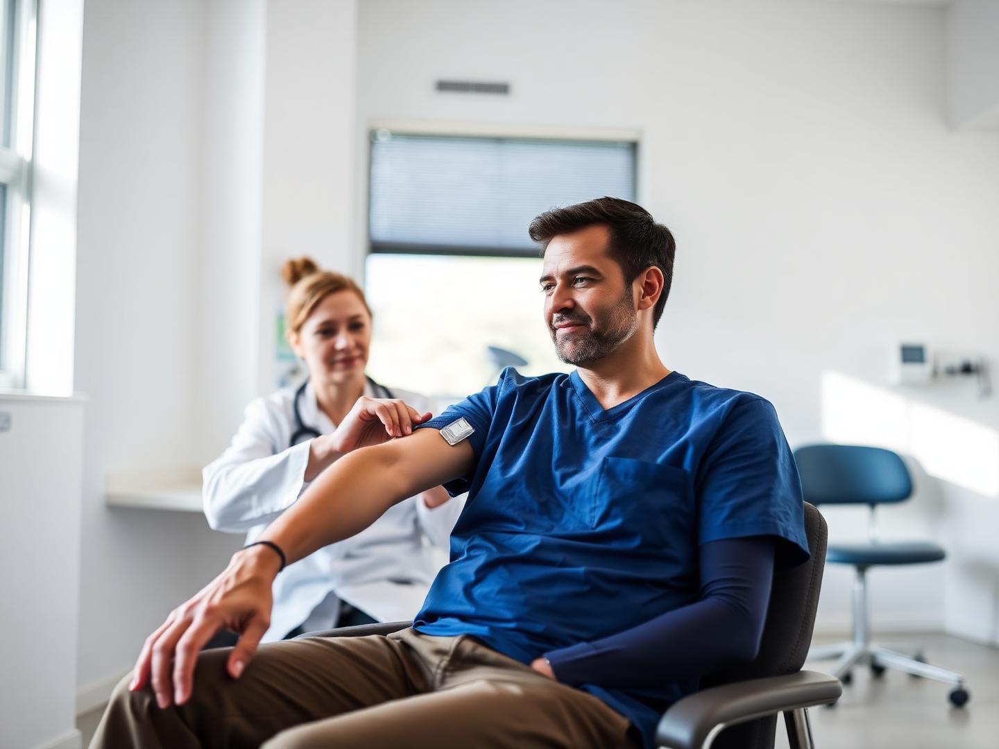 Patient seated in a clinic while a healthcare professional prepares a blood draw